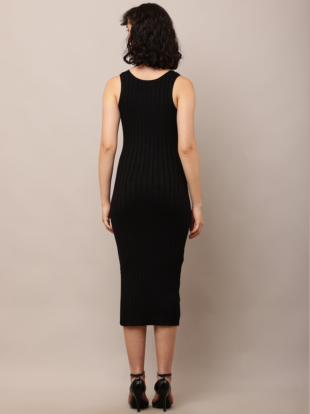 Acrylic Round Neck with Sleeveless ribbed Black Bodycon Dress