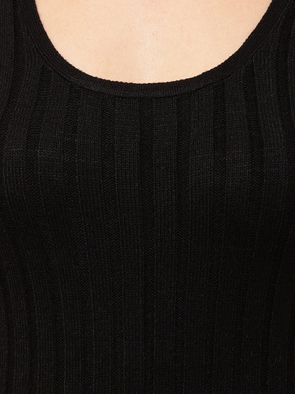 Acrylic Round Neck with Sleeveless ribbed Black Bodycon Dress