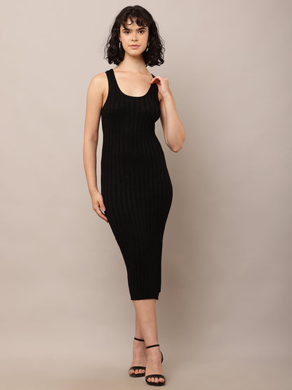 Acrylic Round Neck with Sleeveless ribbed Black Bodycon Dress