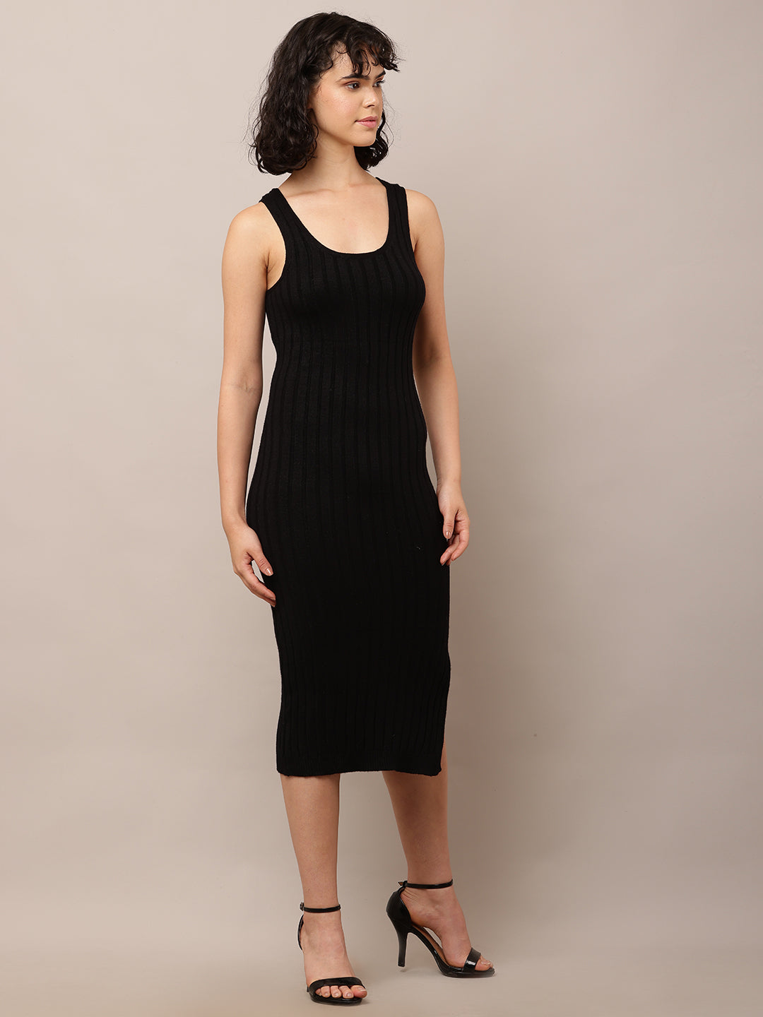 Acrylic Round Neck with Sleeveless ribbed Black Bodycon Dress