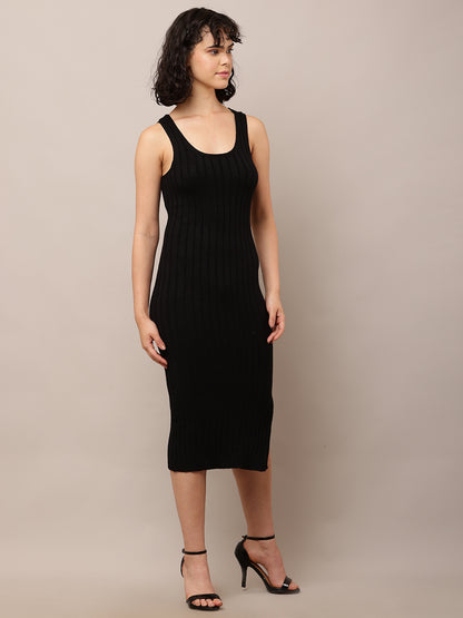 Acrylic Round Neck with Sleeveless ribbed Black Bodycon Dress
