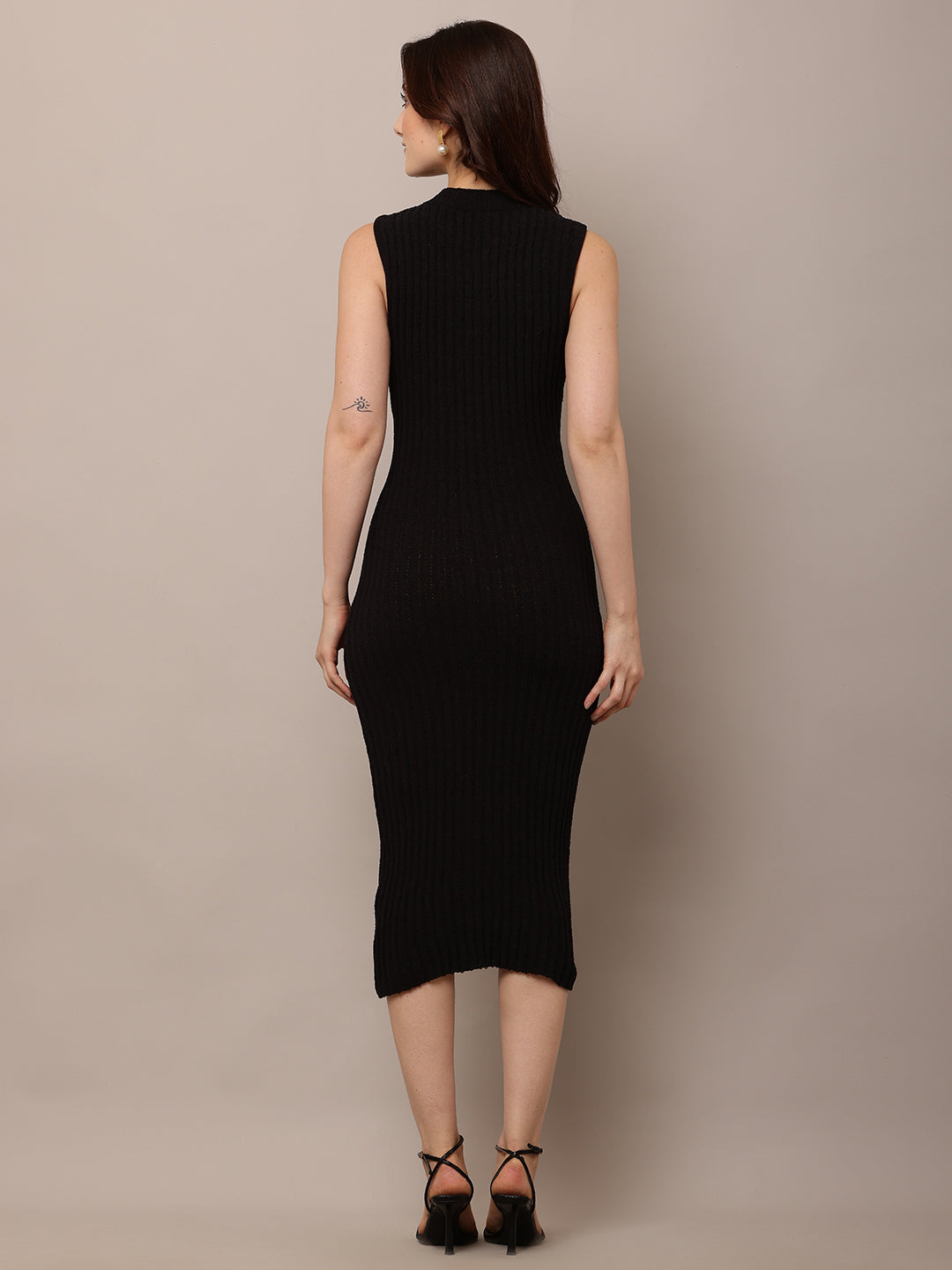 Acrylic Sleeveless with Turtle Neck Bodycon Black Dress