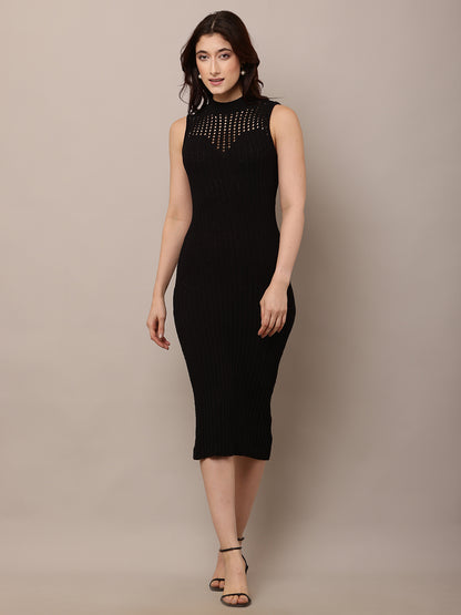 Acrylic Sleeveless with Turtle Neck Bodycon Black Dress