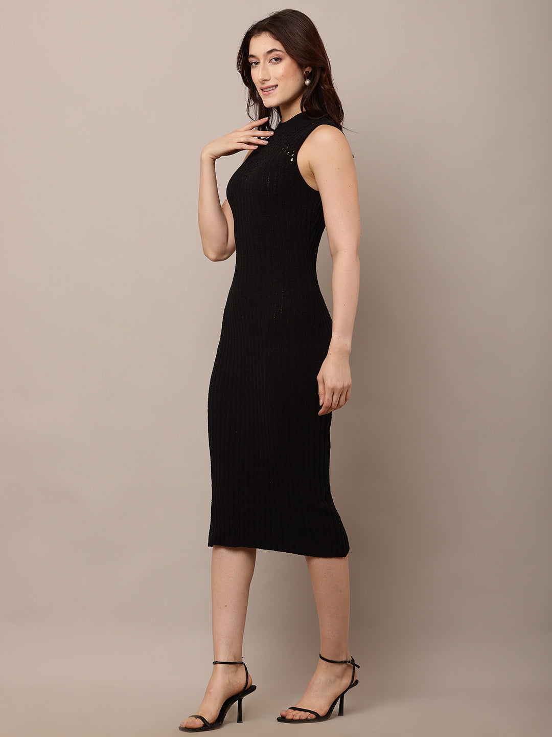 Acrylic Sleeveless with Turtle Neck Bodycon Black Dress