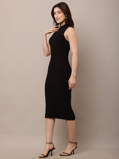 Acrylic Sleeveless with Turtle Neck Bodycon Black Dress