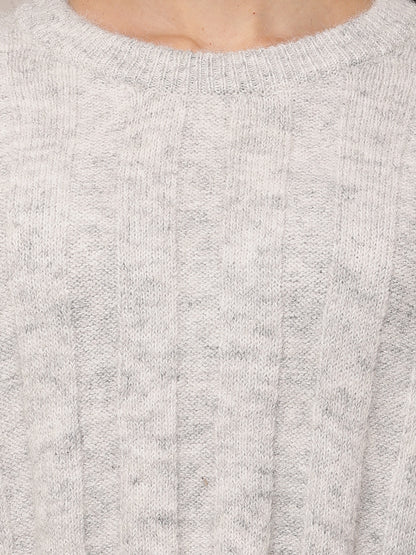 Polyester Full Sleeve with Round Neck Light Grey Baggy style Sweater