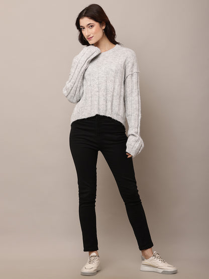 Polyester Full Sleeve with Round Neck Light Grey Baggy style Sweater