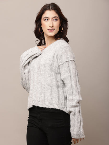Polyester Full Sleeve with Round Neck Light Grey Baggy style Sweater