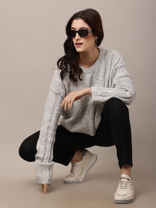 Polyester Full Sleeve with Round Neck Light Grey Baggy style Sweater