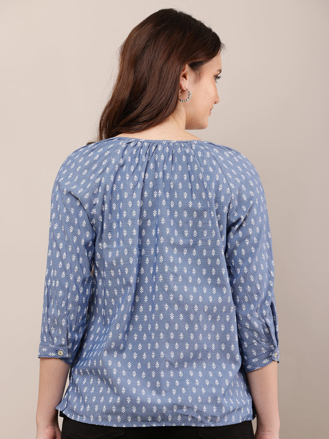 Cotton Round Neck with 3/4th Sleeve Printed Blue Top
