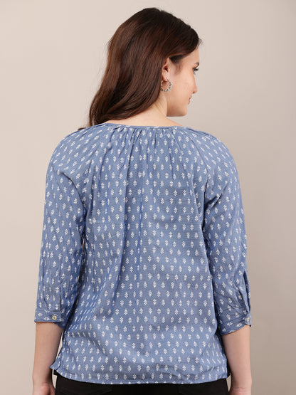 Cotton Round Neck with 3/4th Sleeve Printed Blue Top