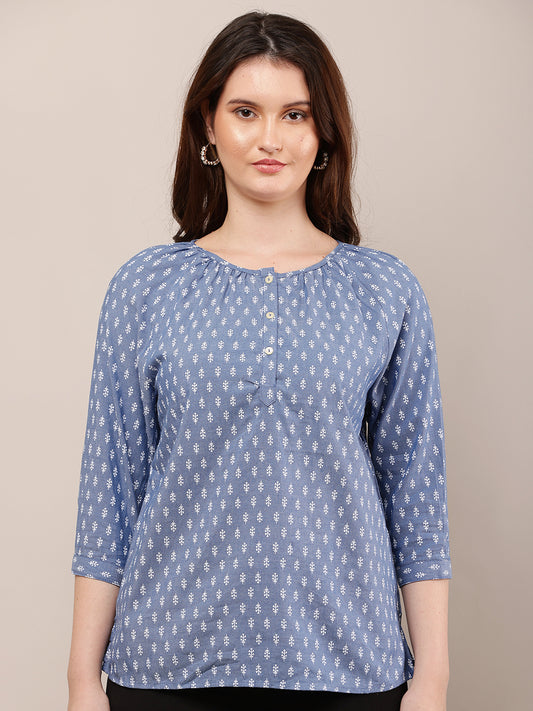 Cotton Round Neck with 3/4th Sleeve Printed Blue Top