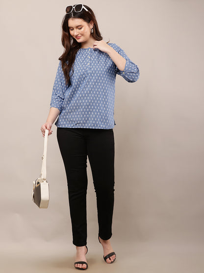 Cotton Round Neck with 3/4th Sleeve Printed Blue Top