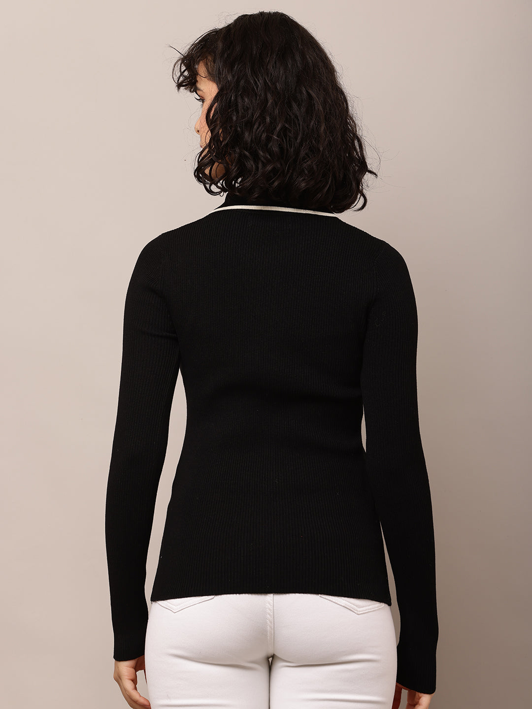 Acrylic Full Sleeve with Shirt Collar Ribbed Black Shirt