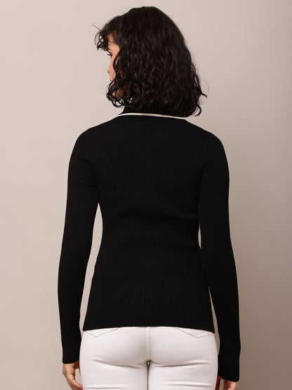 Acrylic Full Sleeve with Shirt Collar Ribbed Black Shirt
