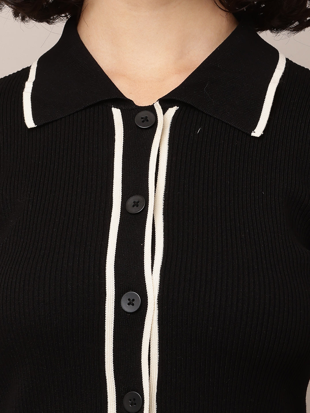 Acrylic Full Sleeve with Shirt Collar Ribbed Black Shirt