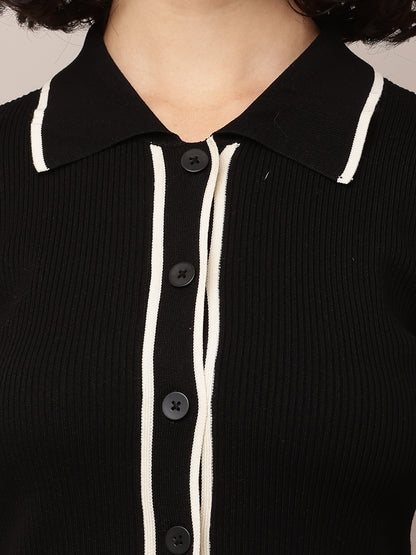 Acrylic Full Sleeve with Shirt Collar Ribbed Black Shirt
