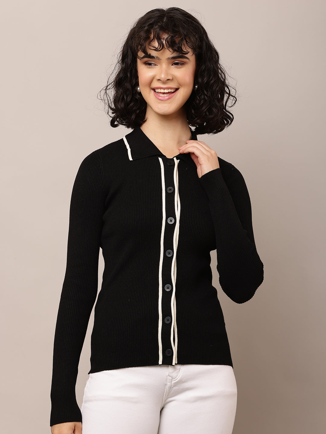 Acrylic Full Sleeve with Shirt Collar Ribbed Black Shirt