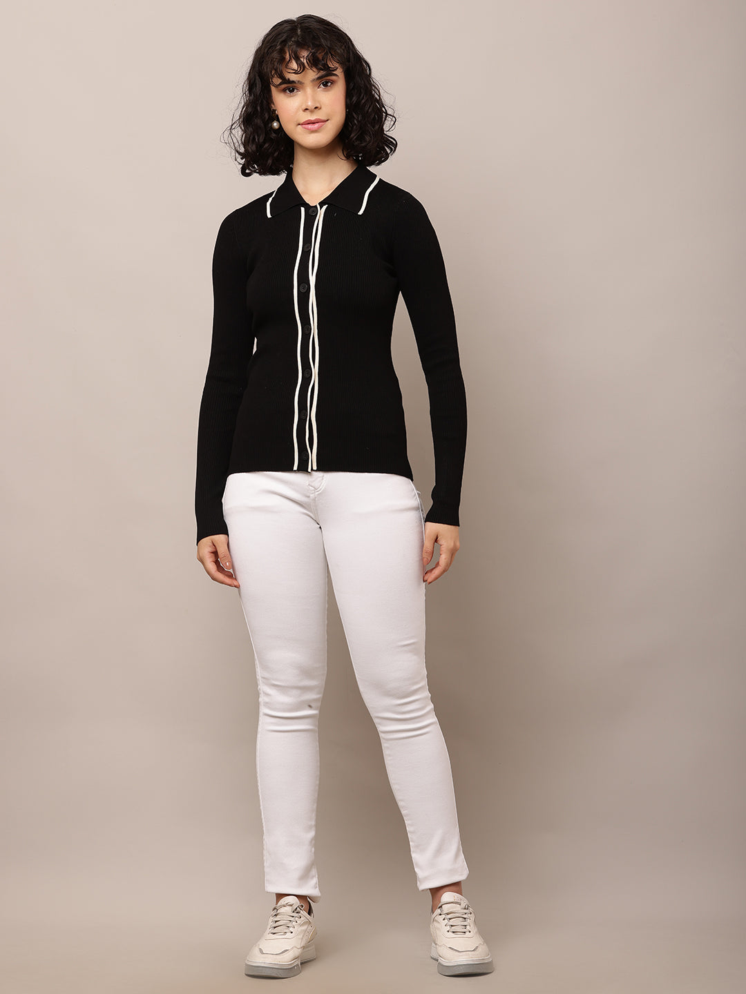 Acrylic Full Sleeve with Shirt Collar Ribbed Black Shirt