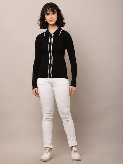 Acrylic Full Sleeve with Shirt Collar Ribbed Black Shirt