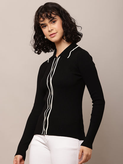 Acrylic Full Sleeve with Shirt Collar Ribbed Black Shirt