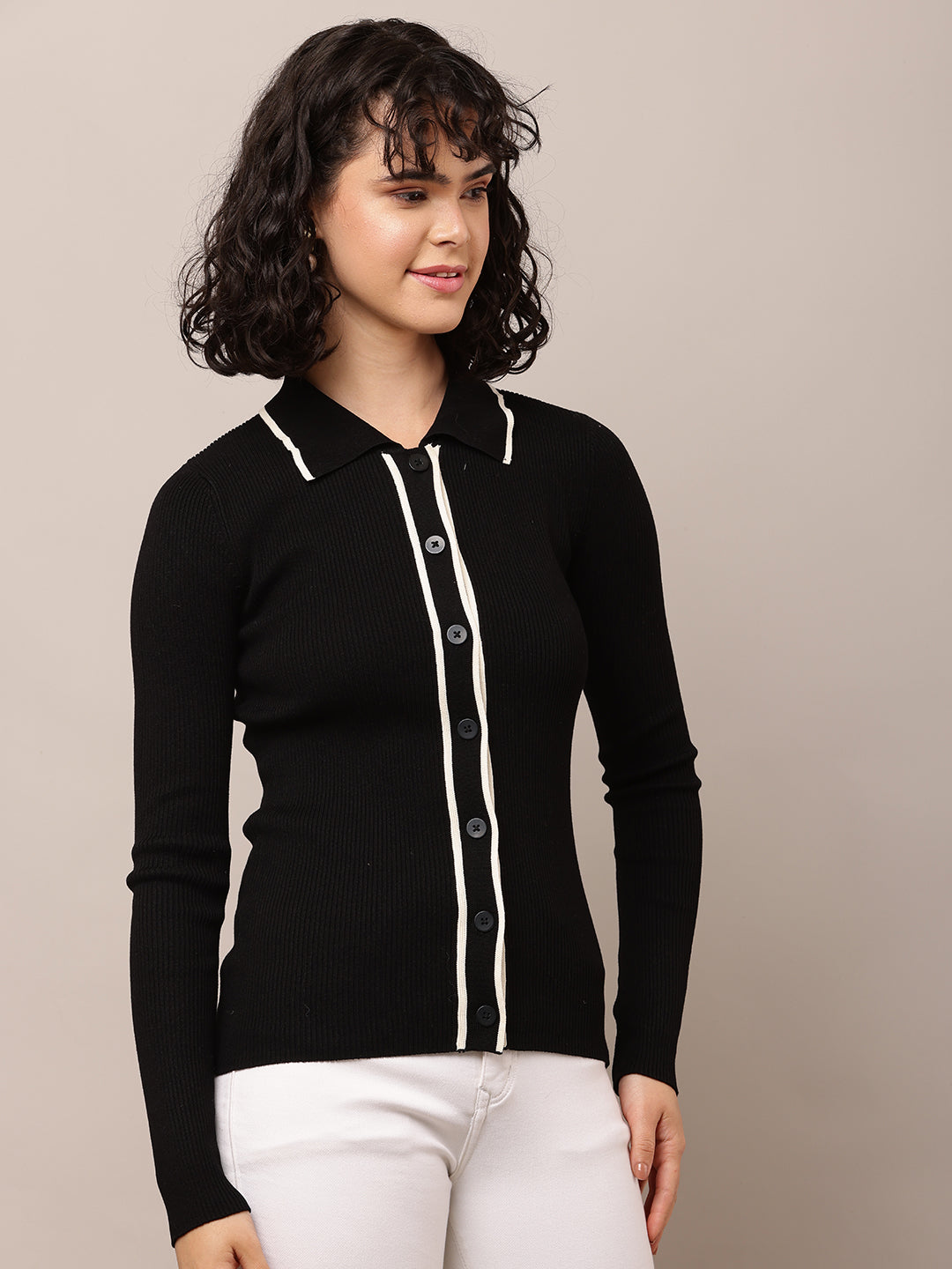 Acrylic Full Sleeve with Shirt Collar Ribbed Black Shirt