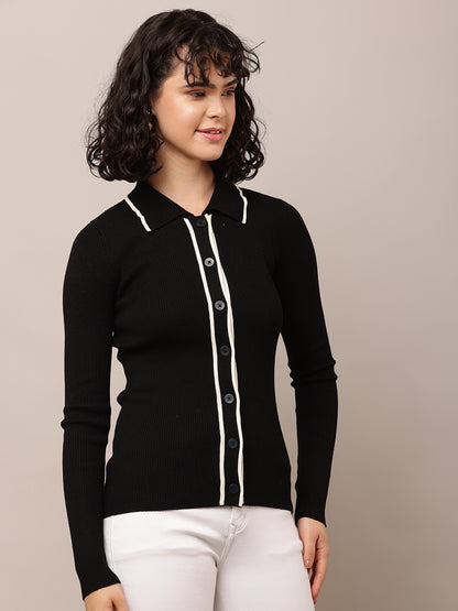 Acrylic Full Sleeve with Shirt Collar Ribbed Black Shirt