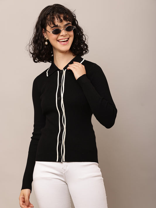 Acrylic Full Sleeve with Shirt Collar Ribbed Black Shirt