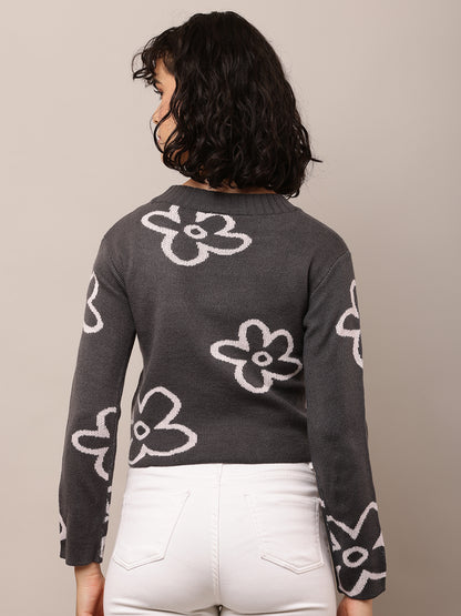 Acrylic Full Sleeve with Round Neck Floral Print Dark Grey Sweater