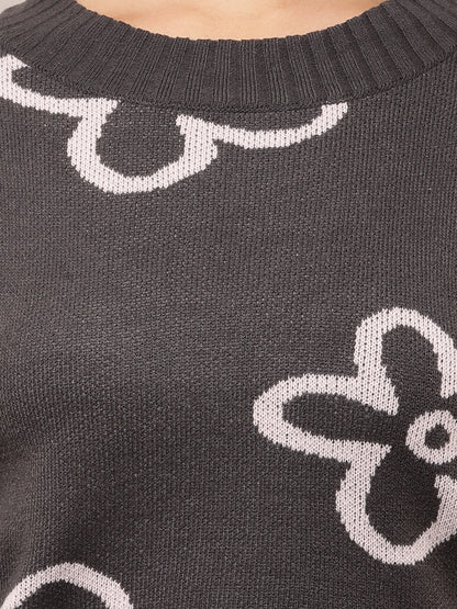 Acrylic Full Sleeve with Round Neck Floral Print Dark Grey Sweater