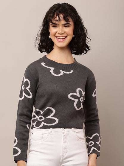Acrylic Full Sleeve with Round Neck Floral Print Dark Grey Sweater