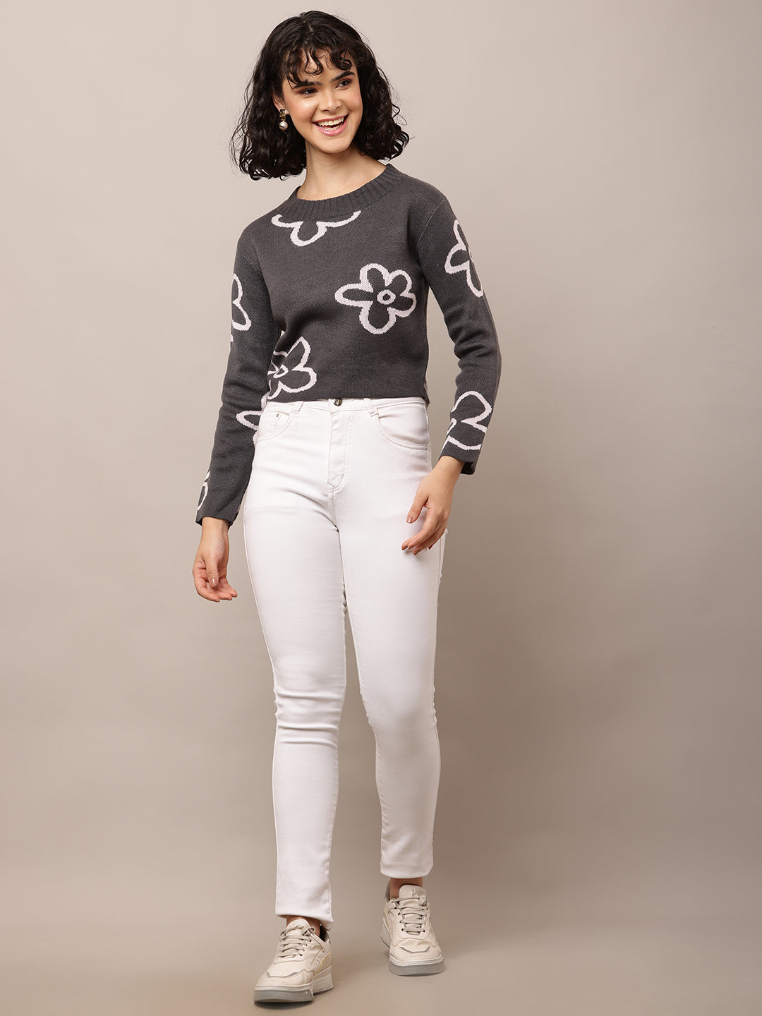Acrylic Full Sleeve with Round Neck Floral Print Dark Grey Sweater
