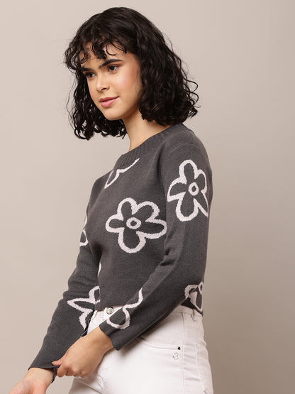 Acrylic Full Sleeve with Round Neck Floral Print Dark Grey Sweater