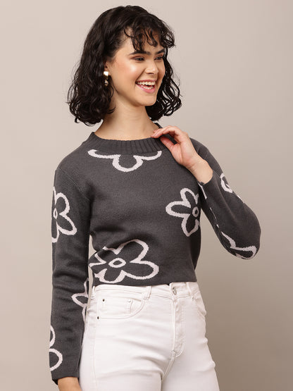 Acrylic Full Sleeve with Round Neck Floral Print Dark Grey Sweater