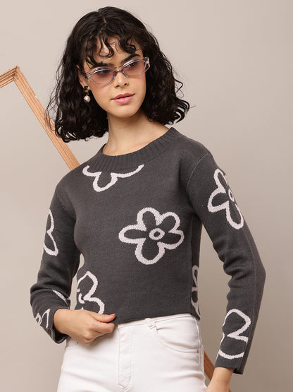 Acrylic Full Sleeve with Round Neck Floral Print Dark Grey Sweater