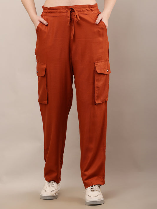 Rayon Elastic with Drawstring Full Length Brown Trouser