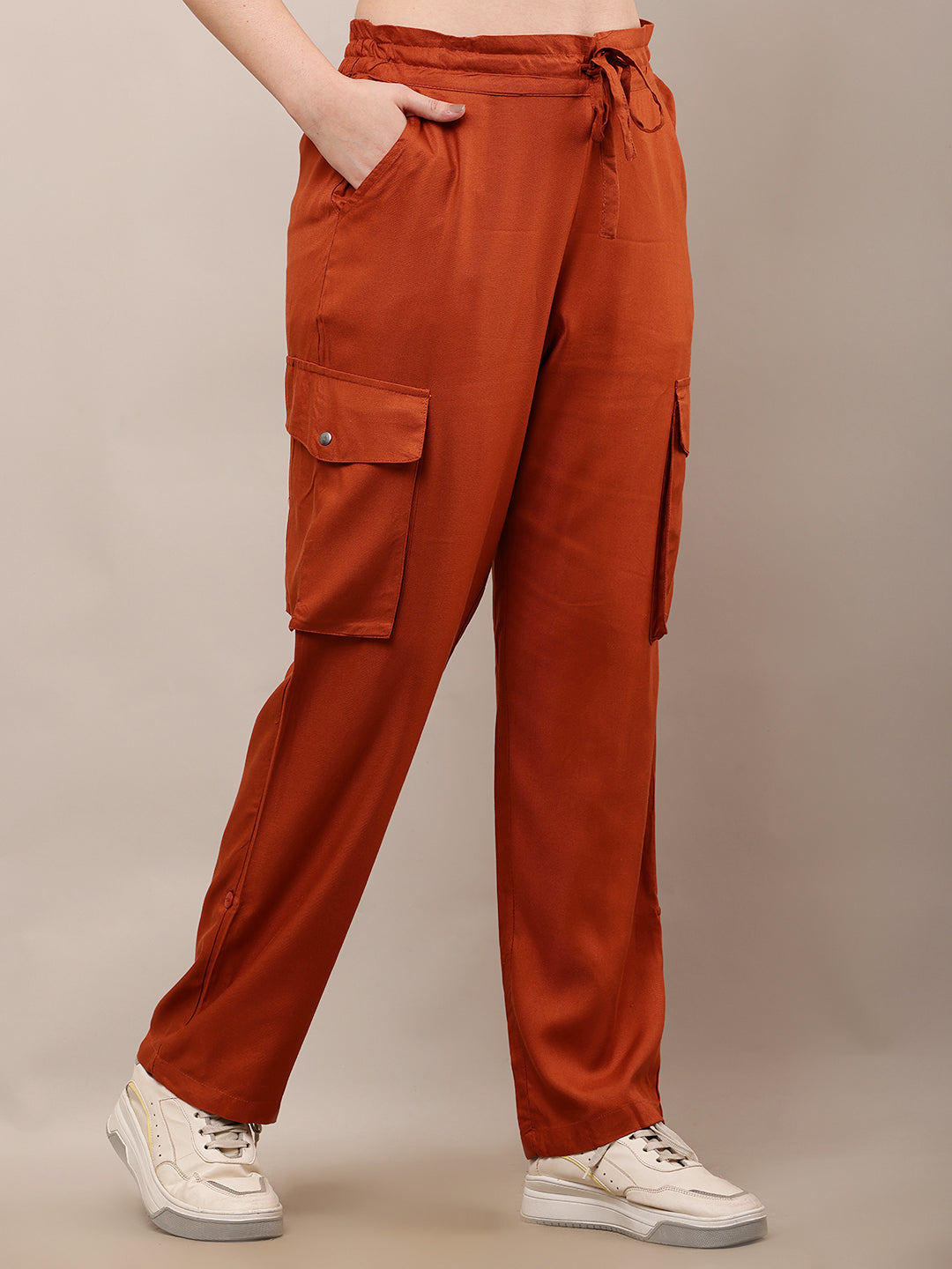 Rayon Elastic with Drawstring Full Length Brown Trouser