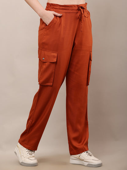Rayon Elastic with Drawstring Full Length Brown Trouser