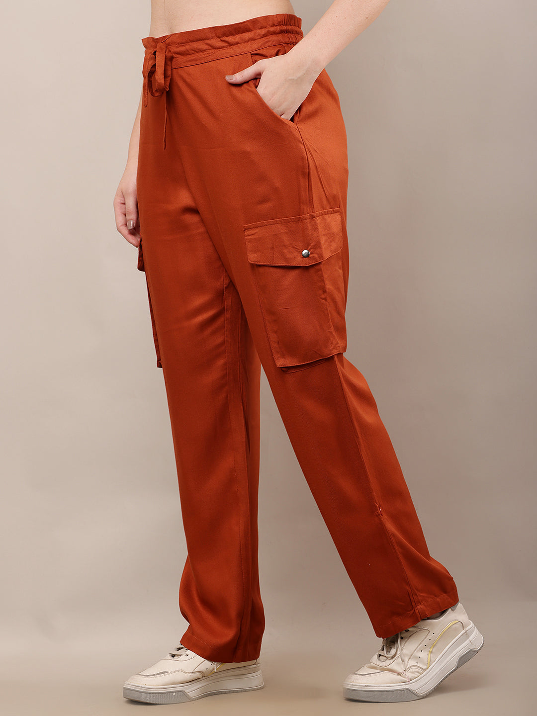 Rayon Elastic with Drawstring Full Length Brown Trouser