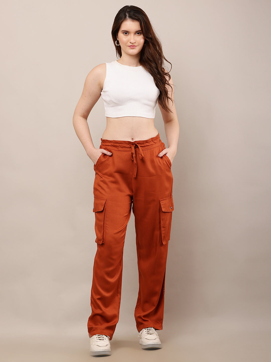 Rayon Elastic with Drawstring Full Length Brown Trouser