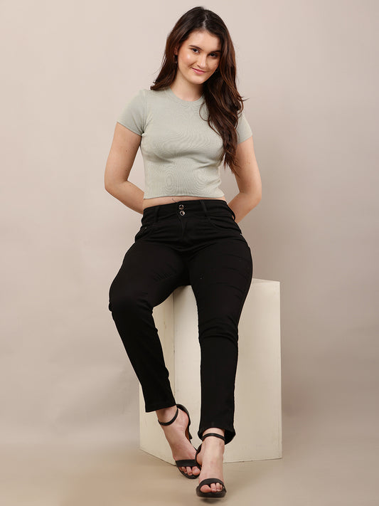 Viscose Round Neck with Half Sleeve Ribbed Crop Sea Green Top
