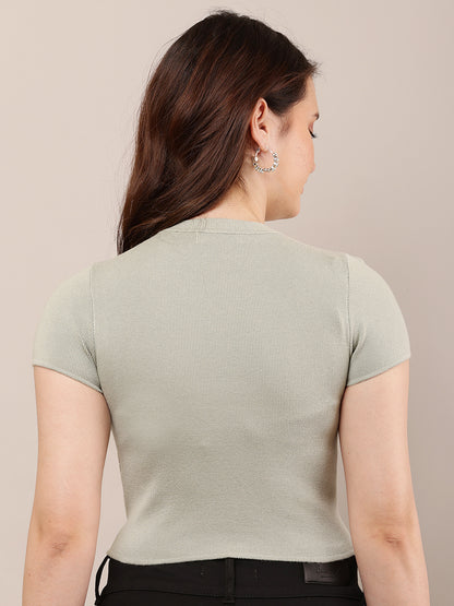 Viscose Round Neck with Half Sleeve Ribbed Crop Sea Green Top