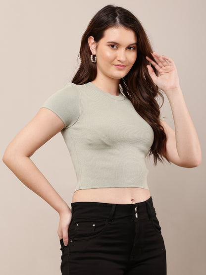 Viscose Round Neck with Half Sleeve Ribbed Crop Sea Green Top