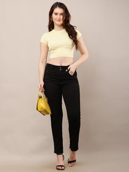 Viscose Round Neck with Half Sleeve Ribbed Crop Yellow Top