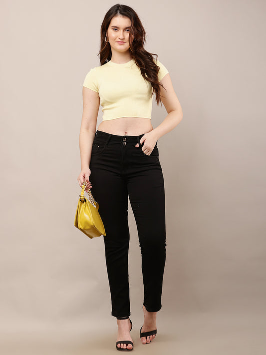 Viscose Round Neck with Half Sleeve Ribbed Crop Yellow Top