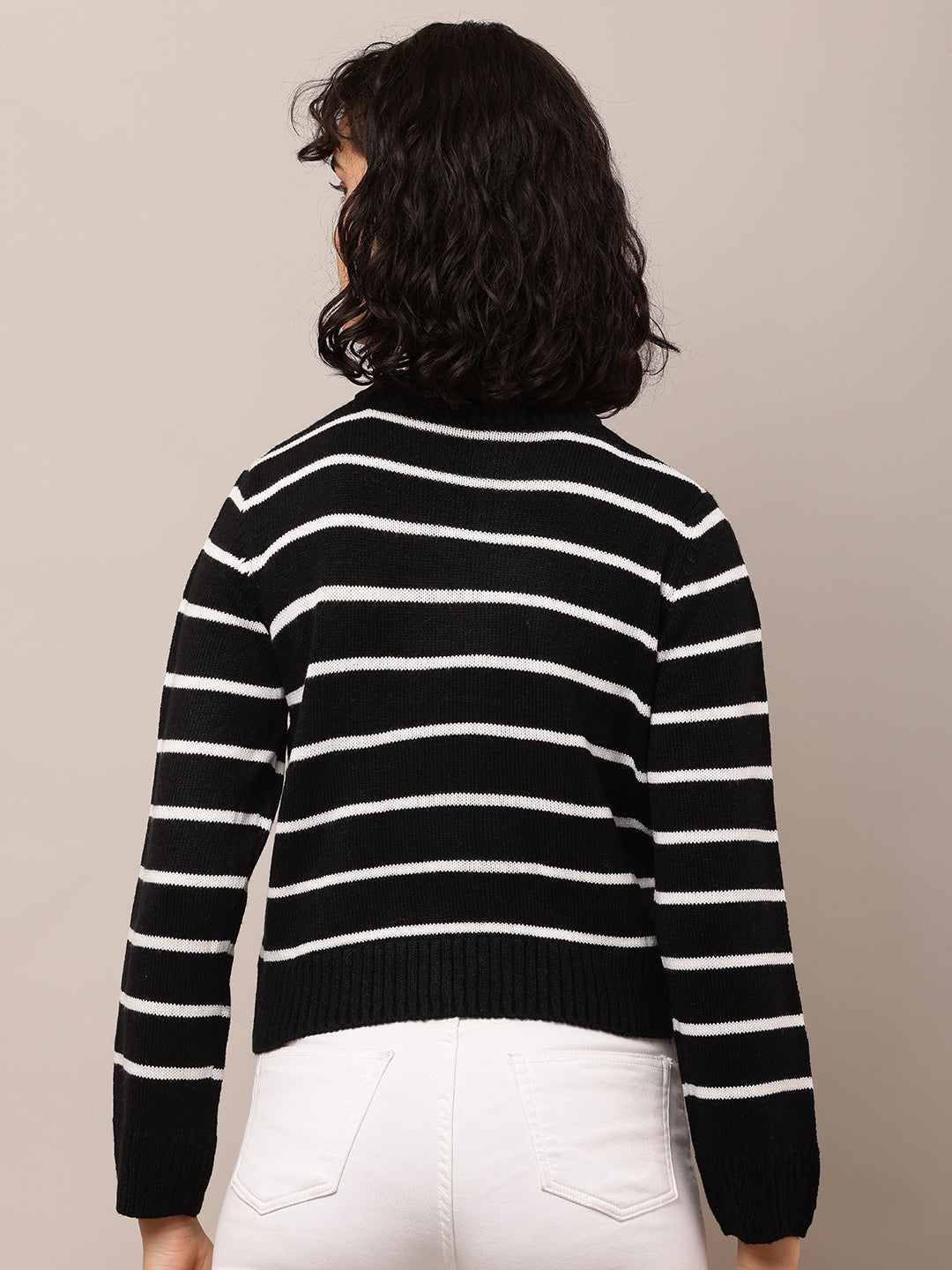 Acrylic Full Sleeve with Turtle Neck Striped Black Sweter