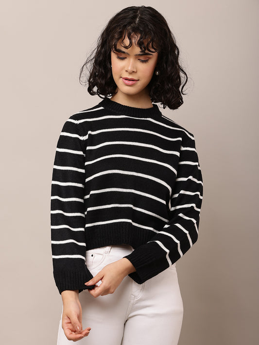 Acrylic Full Sleeve with Turtle Neck Striped Black Sweter