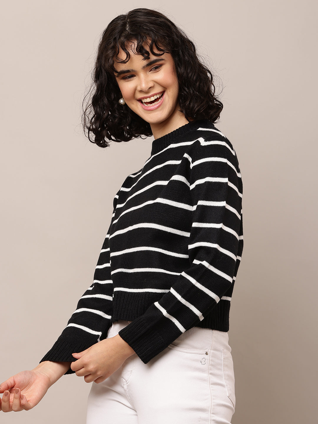 Acrylic Full Sleeve with Turtle Neck Striped Black Sweter