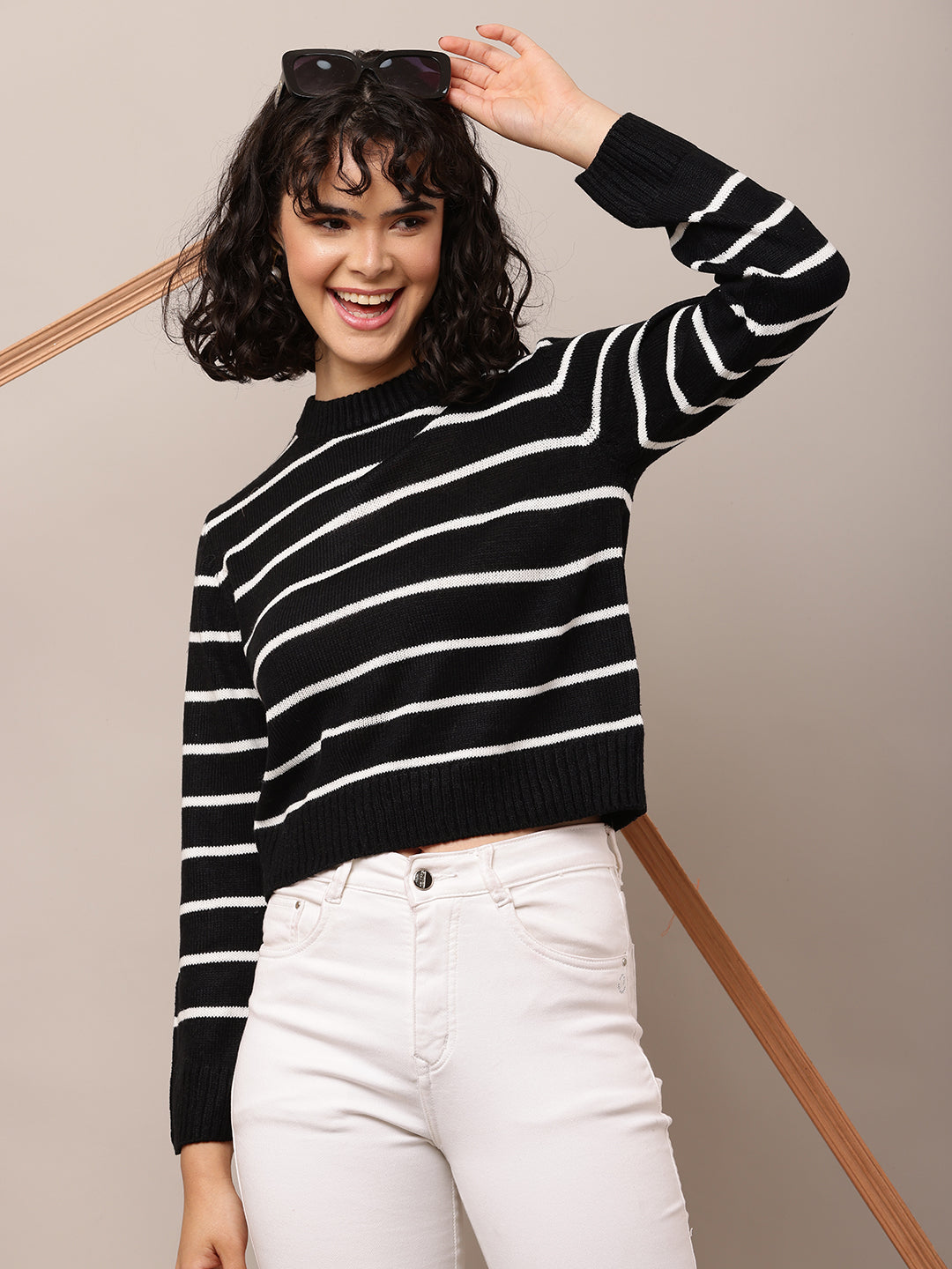 Acrylic Full Sleeve with Turtle Neck Striped Black Sweter