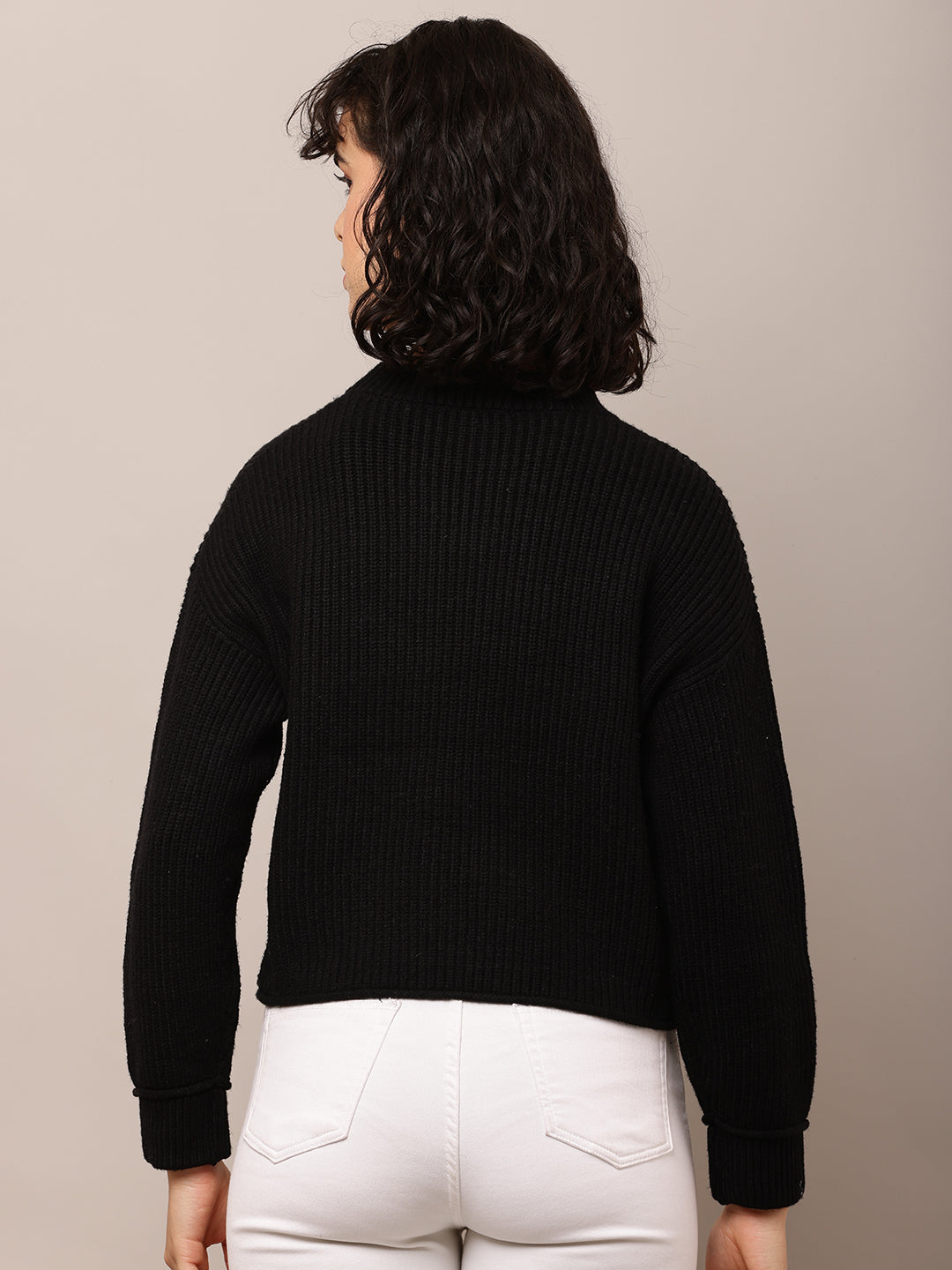 Viscose Full Sleeve with Turtle Neck Black Ribbed Sweater